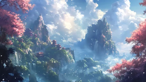 Mountain temples rise among waterfalls and dense cloud formations