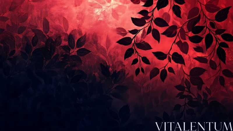 Silhouetted foliage branches on red and dark gradient field.