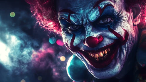 Sinister neon clown portrait under dramatic smoke lighting.