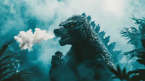 Misty jungle monster pauses, sending a playful cloud breath.