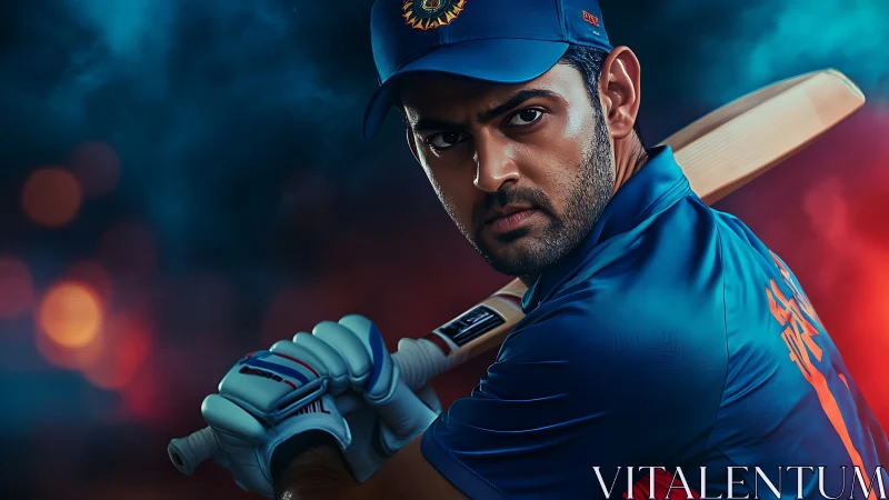 Cricket batsman in blue kit holds bat ready against dark backdrop