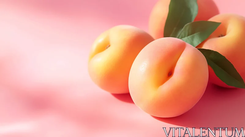 Ripe peaches rest on glossy pink surface under soft light.
