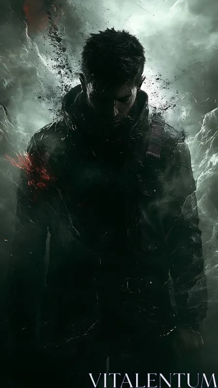 Brooding lone figure in stormy green digital haze.