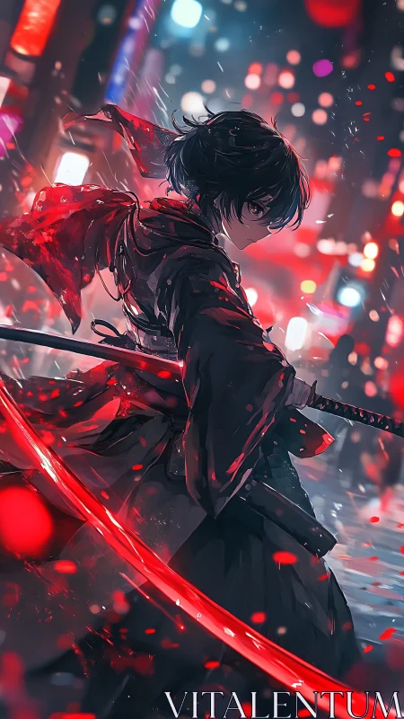 Dynamic anime swordsman in neon-lit urban rain with motion blur