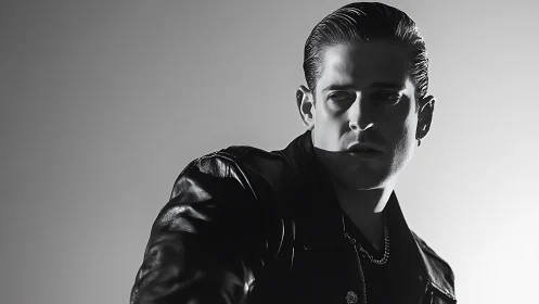 Monochrome portrait shows man in leather jacket in profile