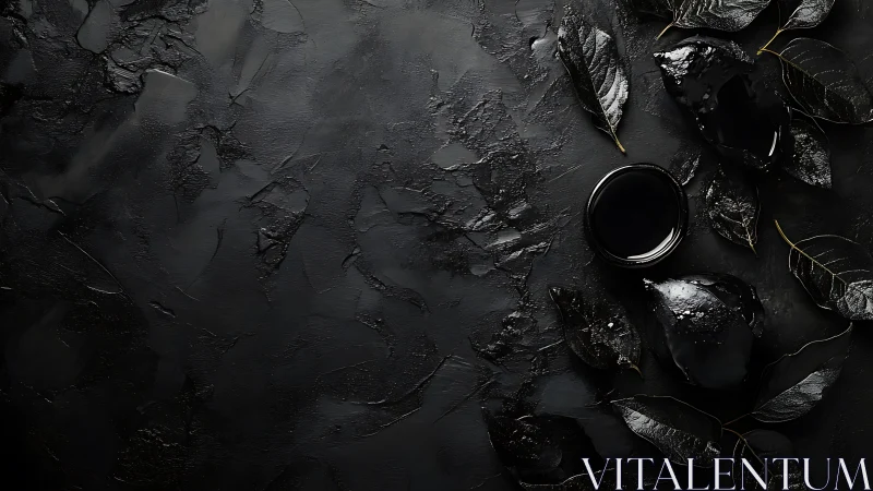 Monochrome wet leaves and glossy vessel on textured black ground.