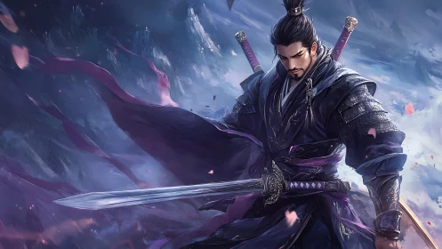 Storm-lit swordsman pauses in a quiet moment of resolve