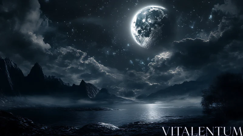 Moonlit abyss above misty mountains and silver tidal hush.