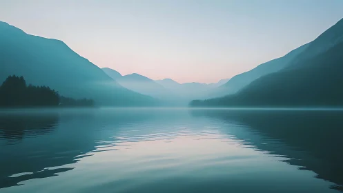 Photorealistic alpine lake at dawn with misted mountain forms.