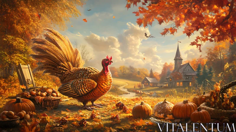 Majestic autumn turkey guards a golden harvest farmhouse