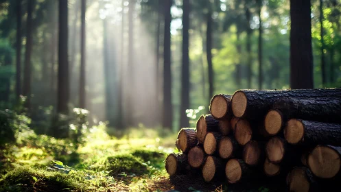 Timber Stack in Dappled Woodland: Softwood Logs with Atmospheric Depth.