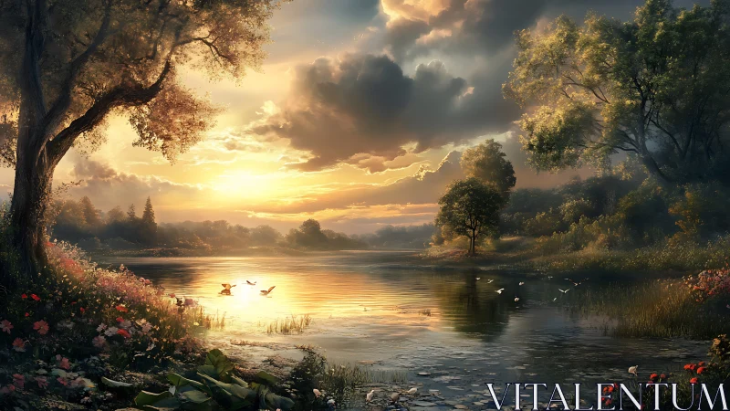 Sunset brushes a quiet riverside into luminous, breathing gold