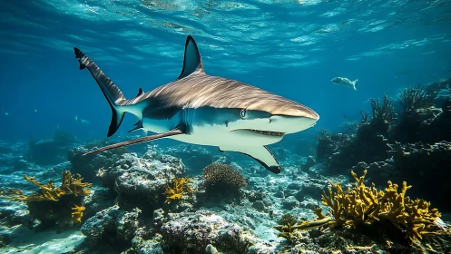 Shark swimming above coral reef in clear tropical water.