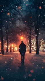 Silhouetted person walking alone on snowy winter street.