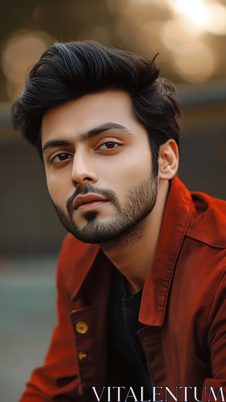 Warm portrait of a thoughtful man in a rust red jacket outdoors