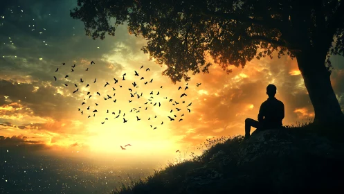 Solitary figure watches birds soar across a blazing sunset sky