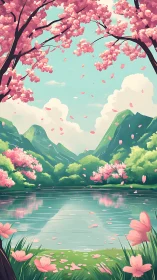 Serene cherry blossom valley reflects softly in tranquil lake