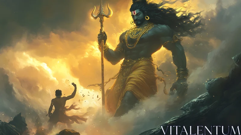 Giant warrior deity confronts lone figure in stormy canyon