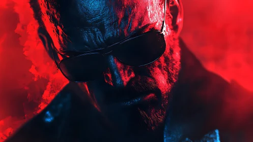 Brooding neon-lit figure in shadow and intense red glow.