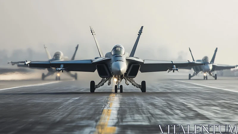 Modern fighter jet taxiing down misty military runway.