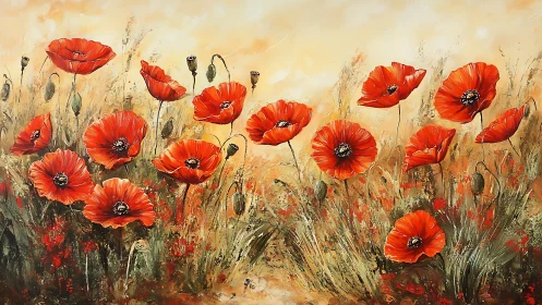 Scarlet poppies whirl in windswept fields of molten dawn.