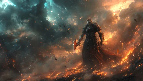 Armored warlord strides through eruptive lava field under storm