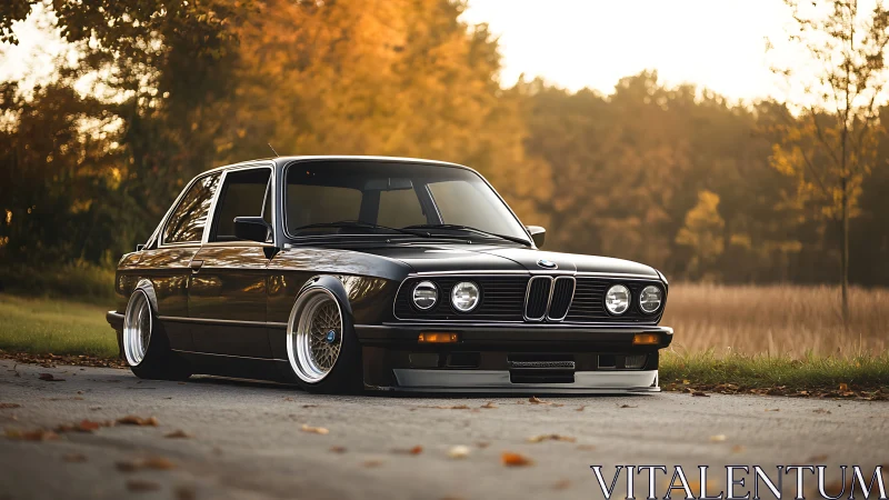 Lowered classic BMW sedan rests on rural road at sunset