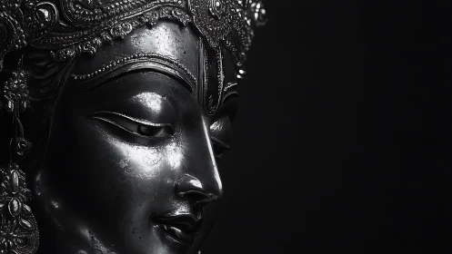 Silent silver goddess leans from darkness and quietly gleams