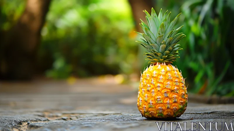 Ripe pineapple on outdoor surface with blurred foliage background.