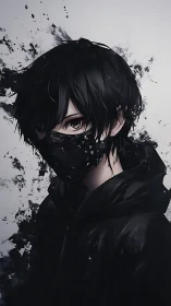 Monochrome masked youth in fragmented noir anime composition.