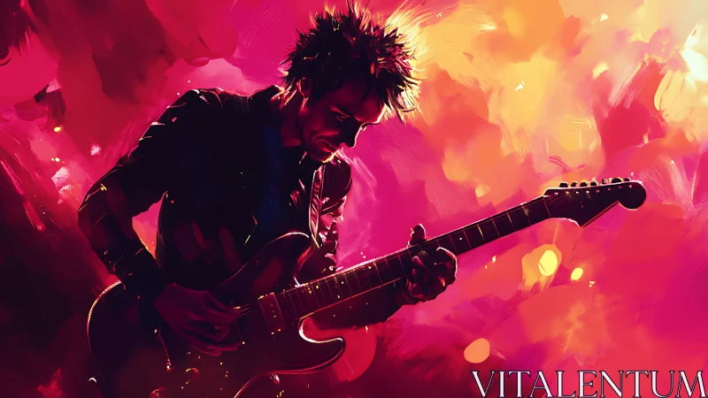 Electric guitarist silhouette in vivid abstract lighting scene.
