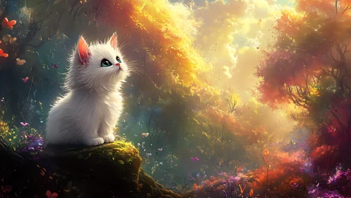 White kitten sits on mossy rock in dense luminous forest