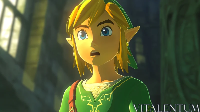 Elf warrior in green tunic gazes upward inside ancient hall