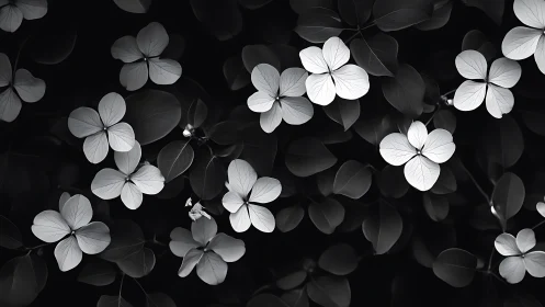 Monochromatic Hydrangea Blooms Against Deep Shadow