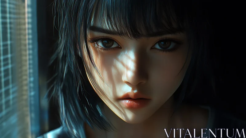 Close digital portrait of pensive girl in hard side light.