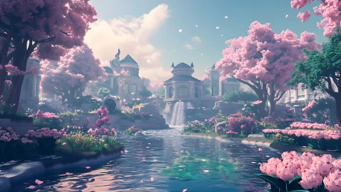 Fantasy palace garden with cherry blossoms and river.
