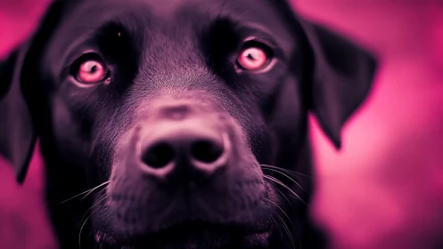 Close-up portrait of black dog under magenta lighting.