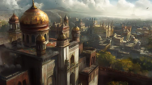 Golden domed palace above dense historic fantasy city.