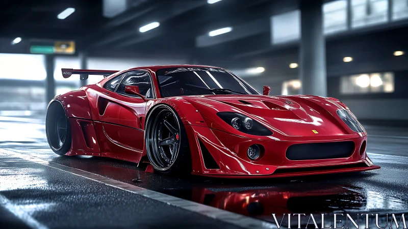 Crimson supercar resting in a glossy city parking glow.