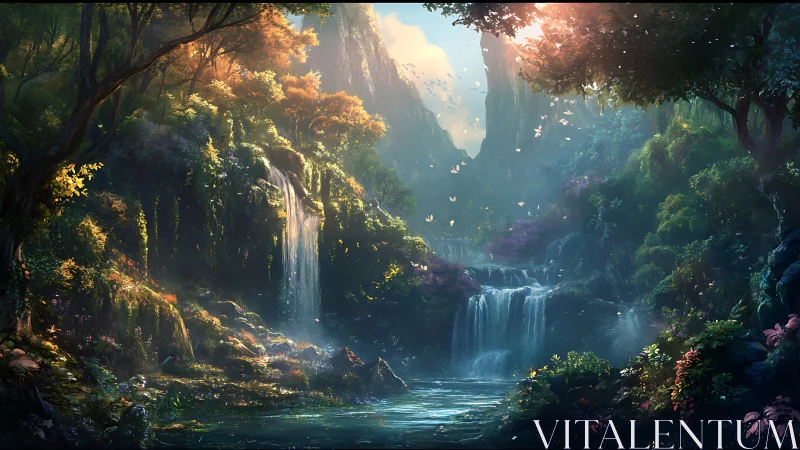 Enchanted terraced waterfalls cascade through a luminous forest