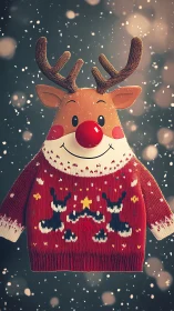 Cute reindeer sweater showcases cozy festive knit charm.