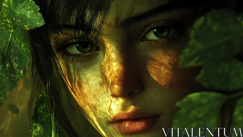 Forest muse bathed in dappled amber light and shadowed leaves.