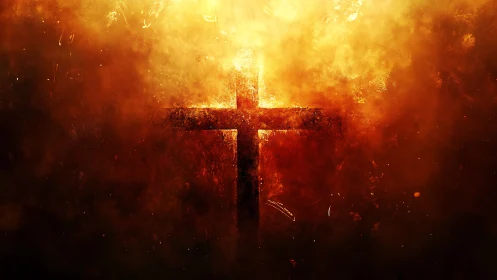 Fiery cross emerging from molten light and sacred ember haze.