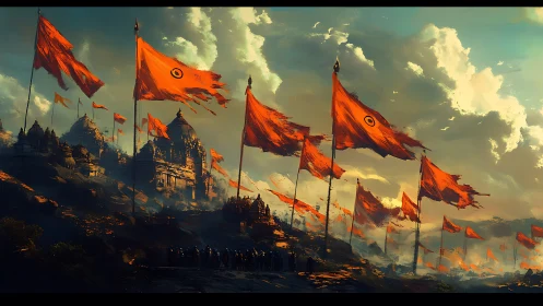 Red flags line temple hill under dramatic stormy sky