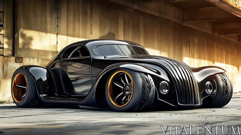 Retro-futuristic black hot rod glows under golden overpass.