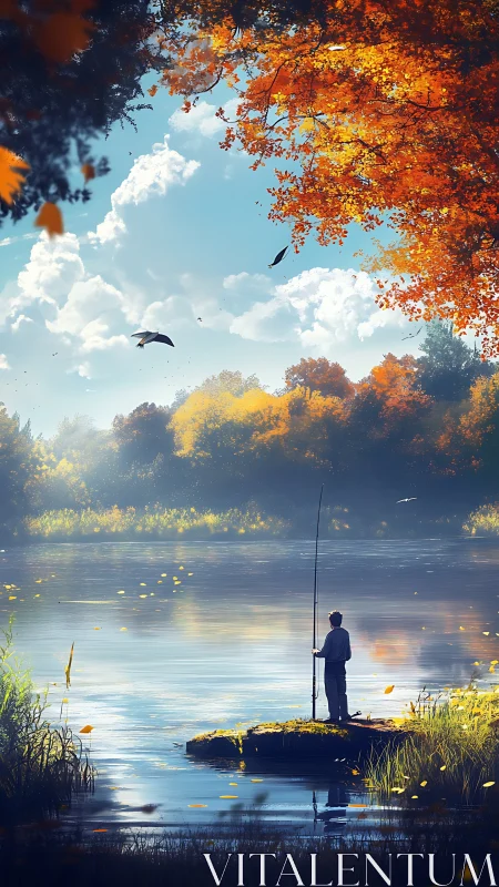 Autumn lakeside fishing under bright clouds and foliage.