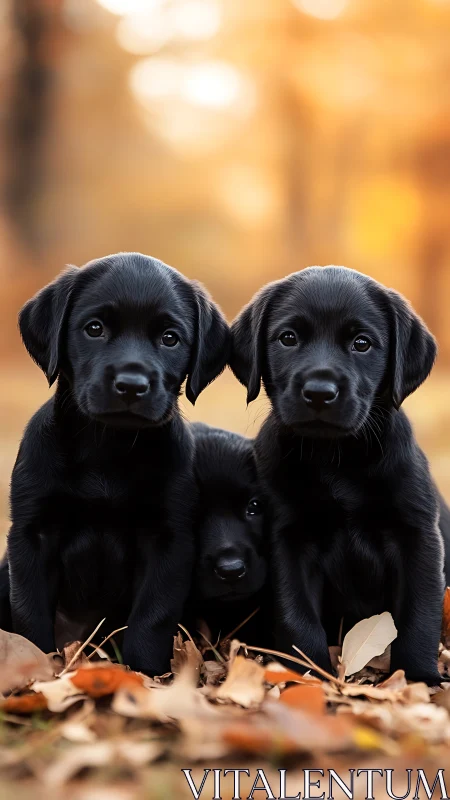 Photorealistic black labrador puppies in autumn bokeh portrait.