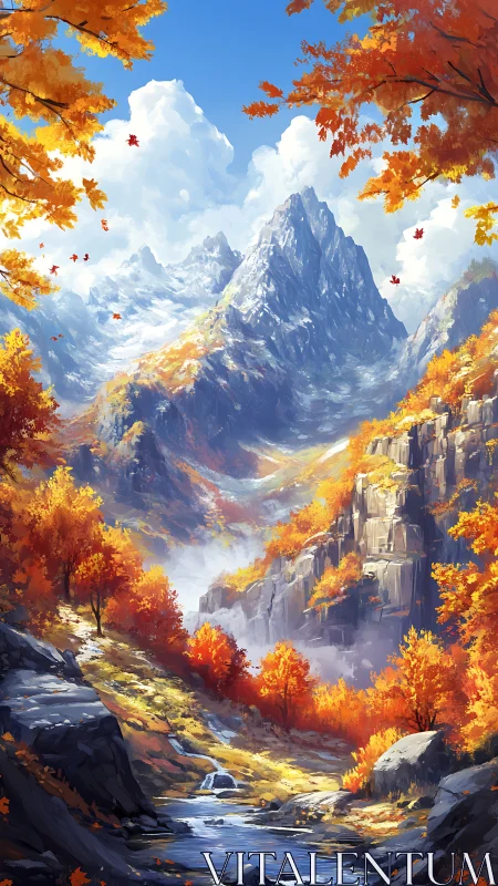 Autumn mountain valley with river under clear blue sky.
