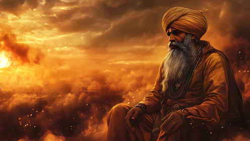 Mystic elder in burning sunset cloudscape meditation.