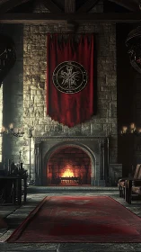 Medieval stone hall displays roaring hearth and crimson banner